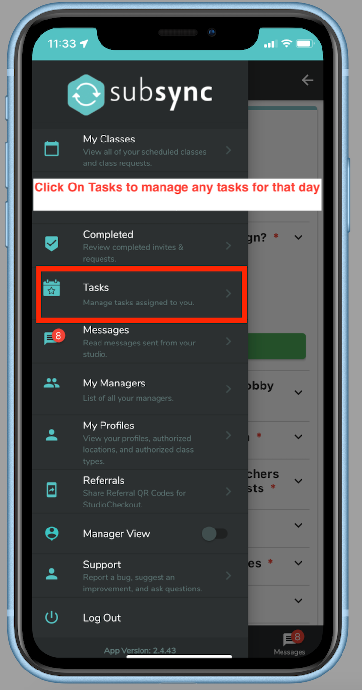 Task menu mobile app